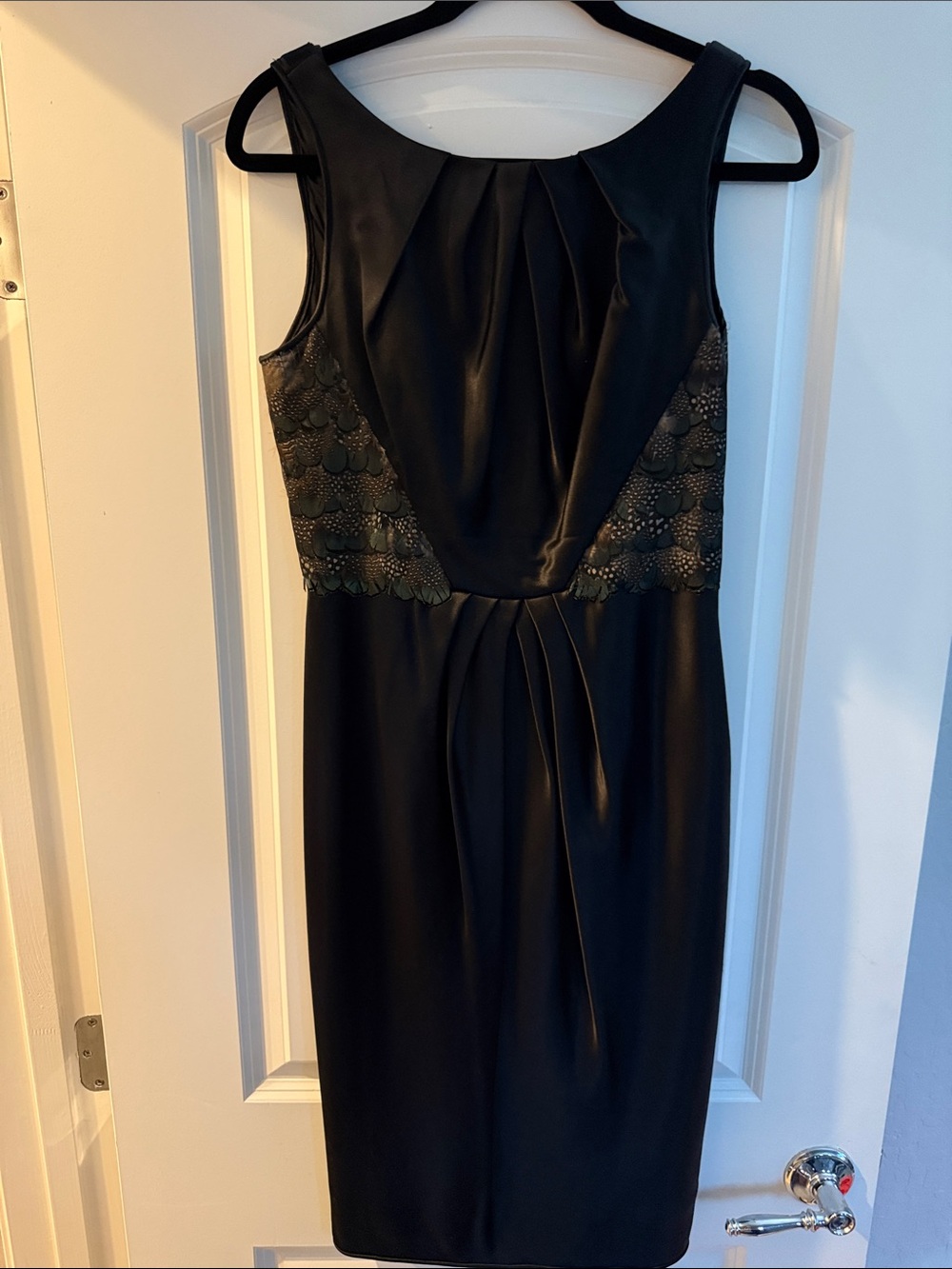 Carmen Marc Valvo Black Sleeveless Sheath Dress with peacock side panels